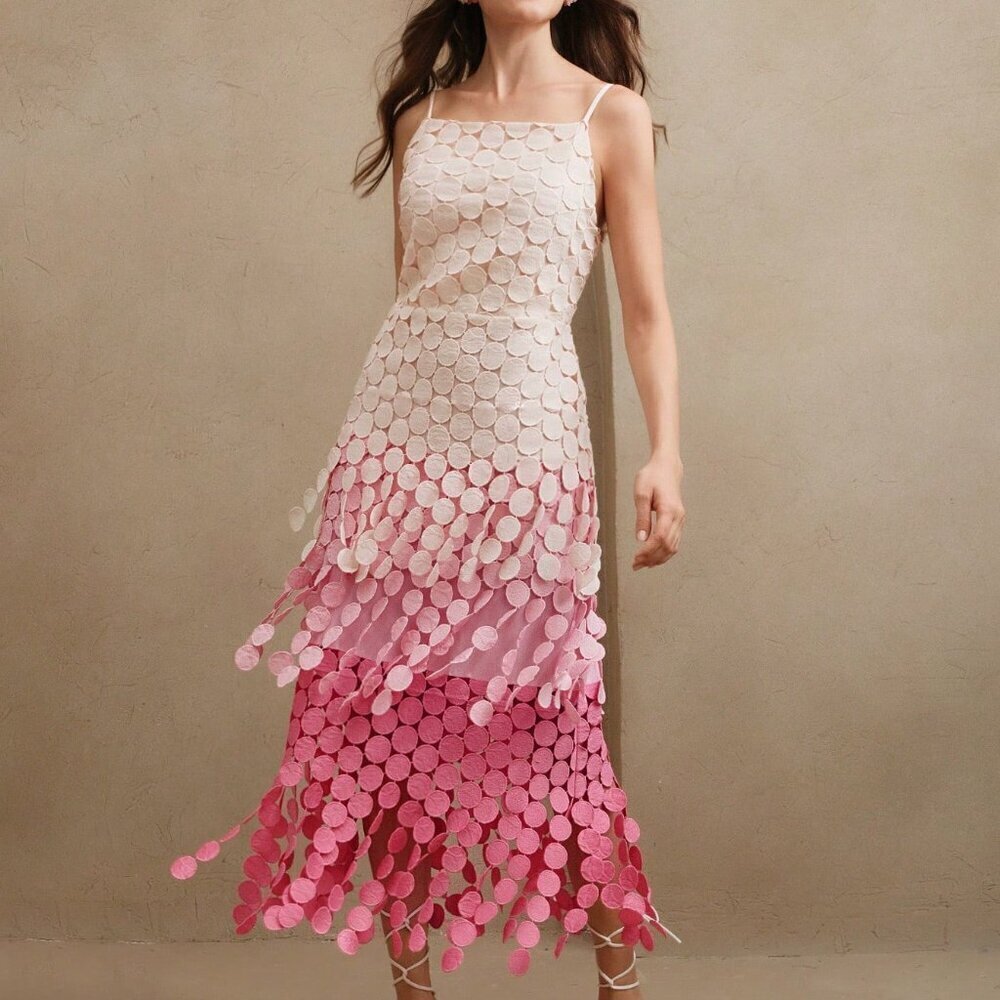 Pink Elegant Women's Round Tassel Hollow Out Embroidery High Waist Slip Dress